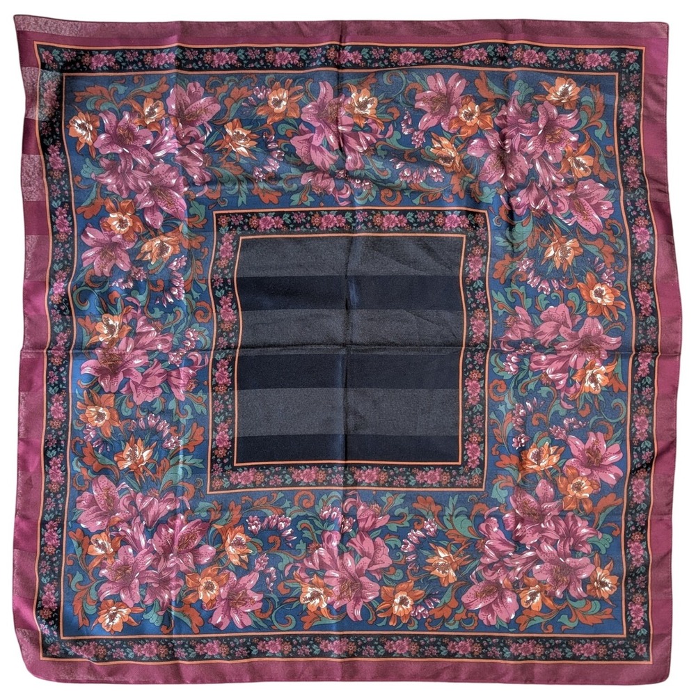 80s Vintage Monique Martin‎ floral scarf floral pink orange mauve navy blue